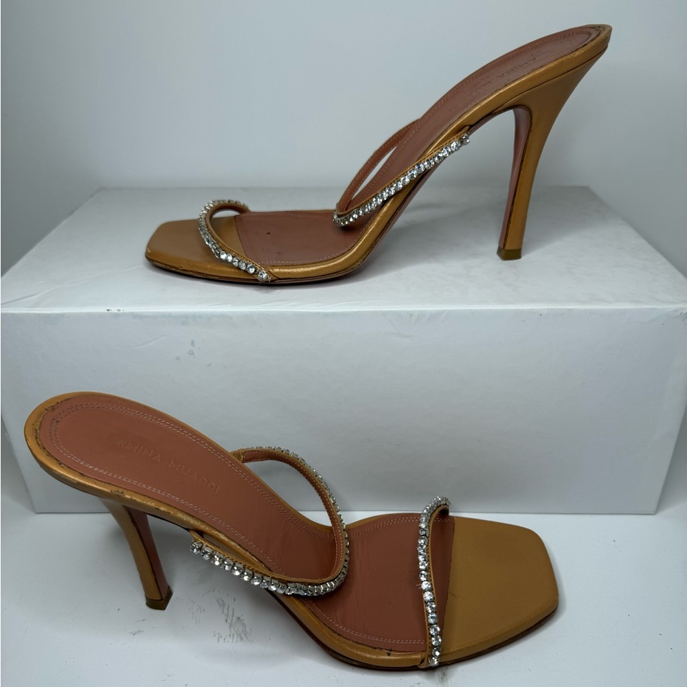 Amina Muaddi Tan Heels with Crystal Embellishments
